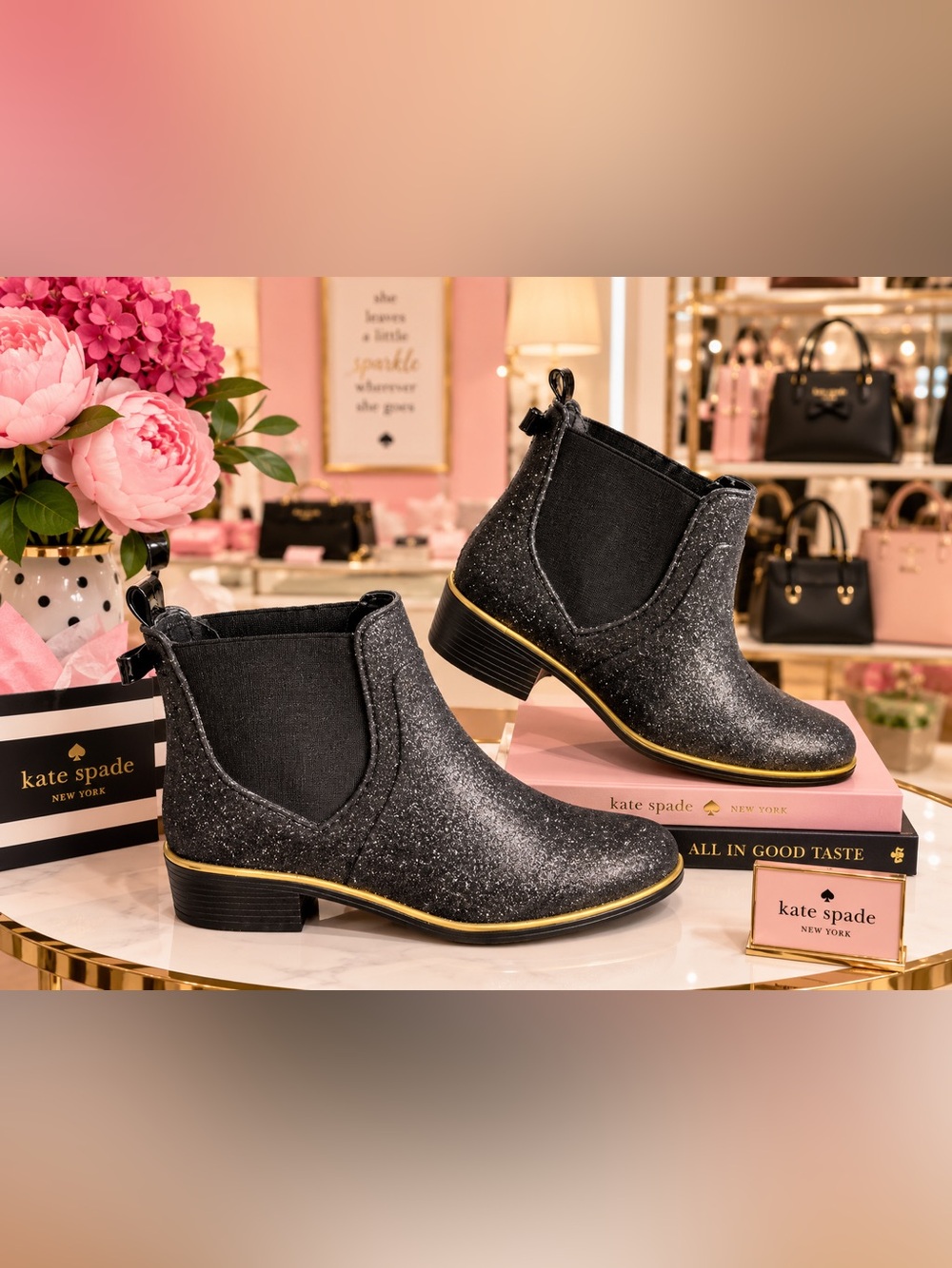 Kate Spade Sedgwick Chelsea Glitter Rain Boots Sz 7 Black Bow Gold Detail NWOB